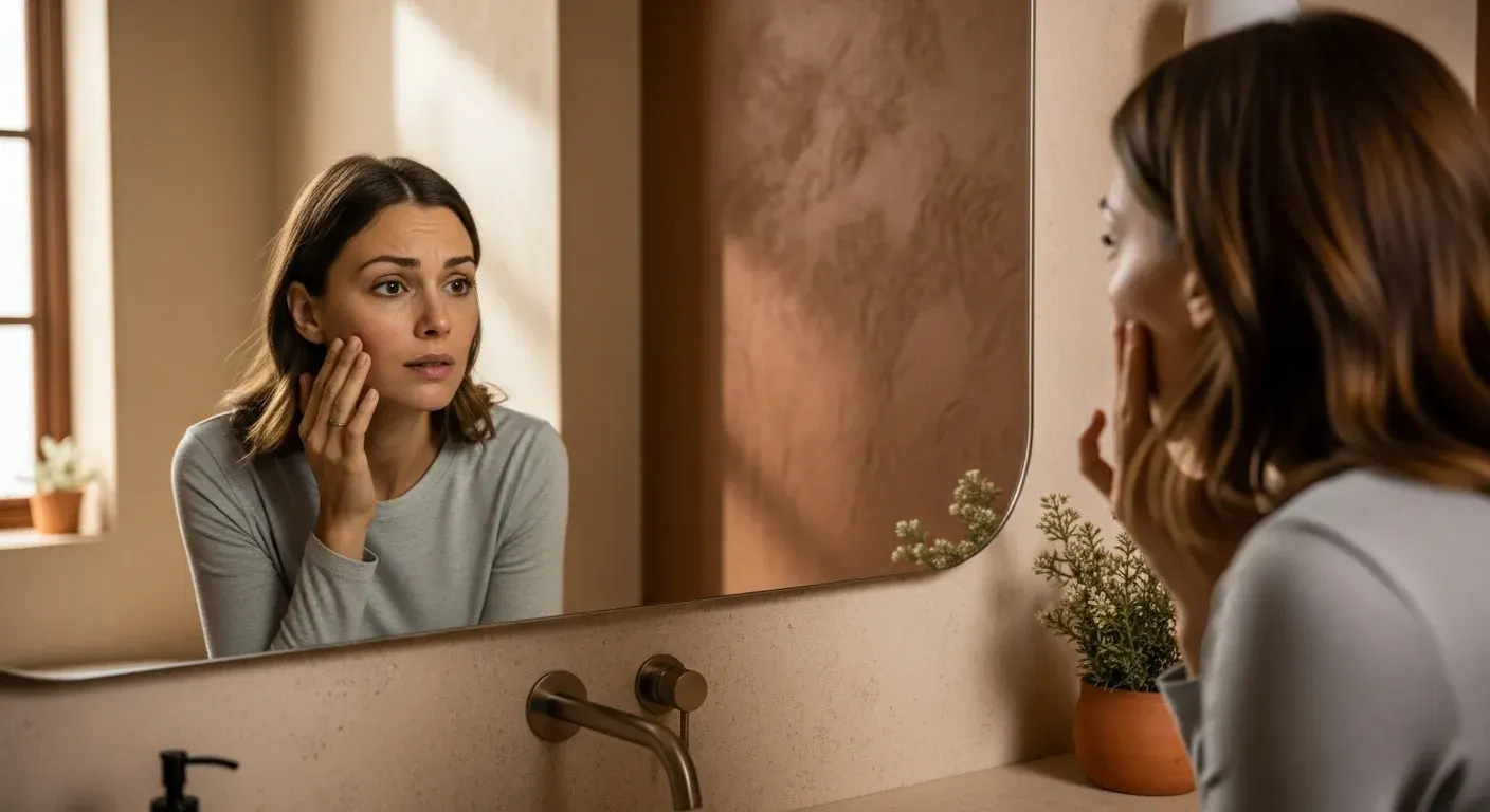 Woman examining her dull skin in mirror at Anu Face Mind Body Elizabethtown