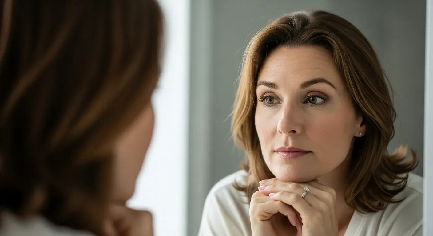 Woman noticing skin changes in mirror at Anu Face Mind Body