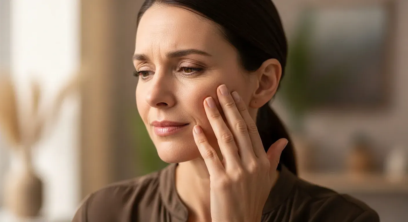 Woman concerned about skin laxity and texture at Anu Face Mind Body Elizabethtown